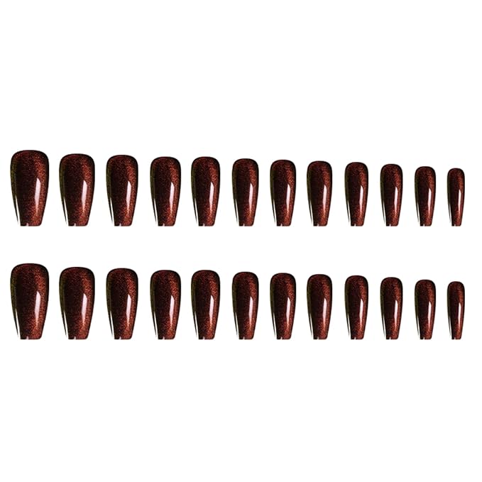 Press On Nails - Dark Maroon | Dark Red Glitter Velvet, Medium Coffin Squared With Cat Eye Design for Women and Girls, 24 Pcs Reusable Red Fake Nails