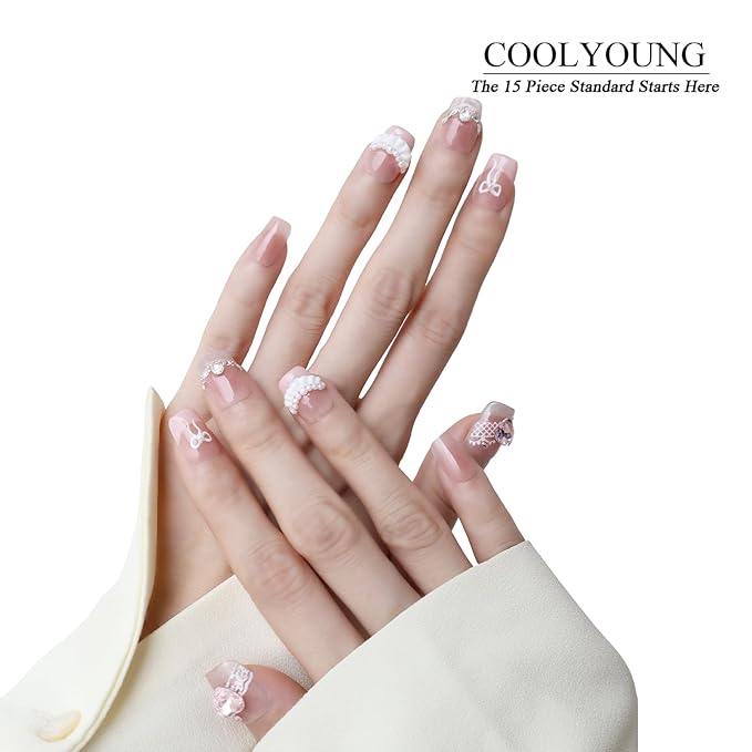 Hand Made Press On Nails Short Square Nails 3D Pink Nails Gifts For Women Luxury Press On Nails COOLYOUNG 15 PCS, Size S