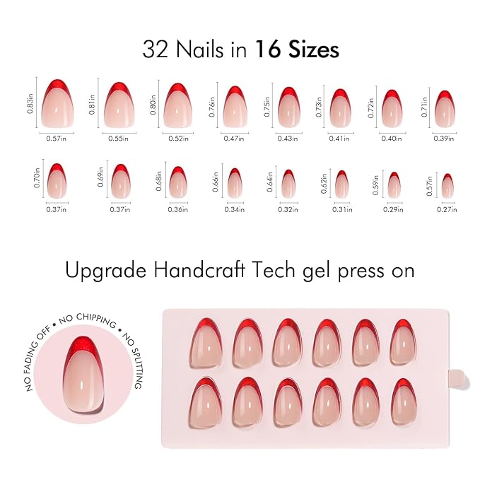 VSALON Press On Nails Short Almond, Red French Tip Fake Nails With UV Glue, Reusable Stick On Nails, Soft Gel Glue On Nails, New Year Valentine Gift in 16 Sizes 32 Pcs Kit