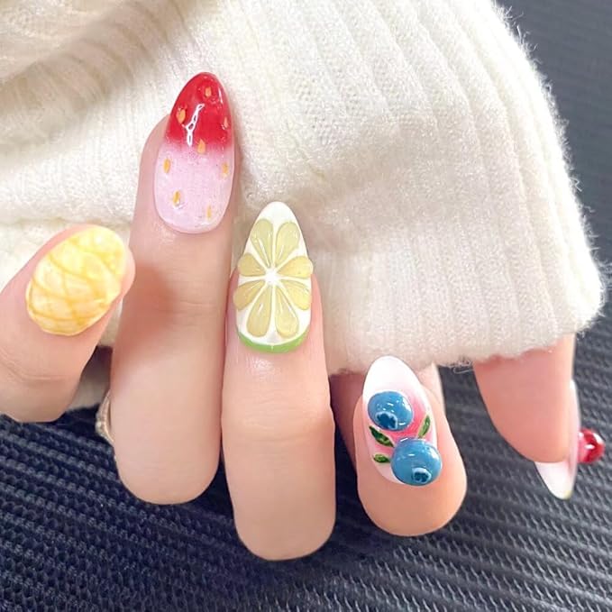 Press On Nails Medium Almond Shape - 3D Handmade Acrylic Gel Fake Nails with Glitter Designs, Reusable Thick Almond Nails for Women DIY Manicure Kit (10PCS, L Size, Easy Application)