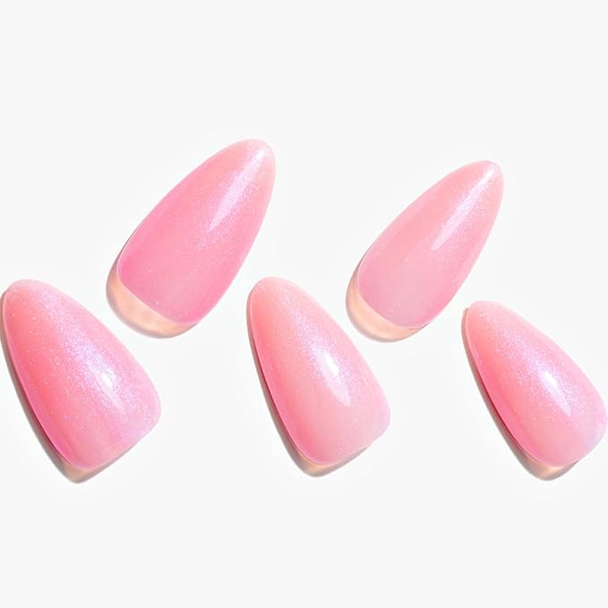 GLAMERMAID Pearl Pink Press on Nails Medium Almond, Handmade Nude Pink Neutral Jelly Sofy Gel Glue on Nail Stiletto, Glossy Fake Nails Short Oval，Reusable Acrylic Stick on False Nail Kits for Women