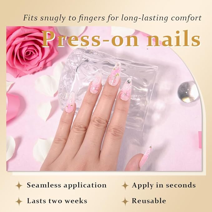 evpct Spring & Summer Press on Nails Medium Almond, Warm Pink Fake Nails Press ons with 3D Flower Design, Light Weight Perfectly Fit Fake Nails for Women Gift, Fake Nail Kit with Kits Gel, 24Pcs