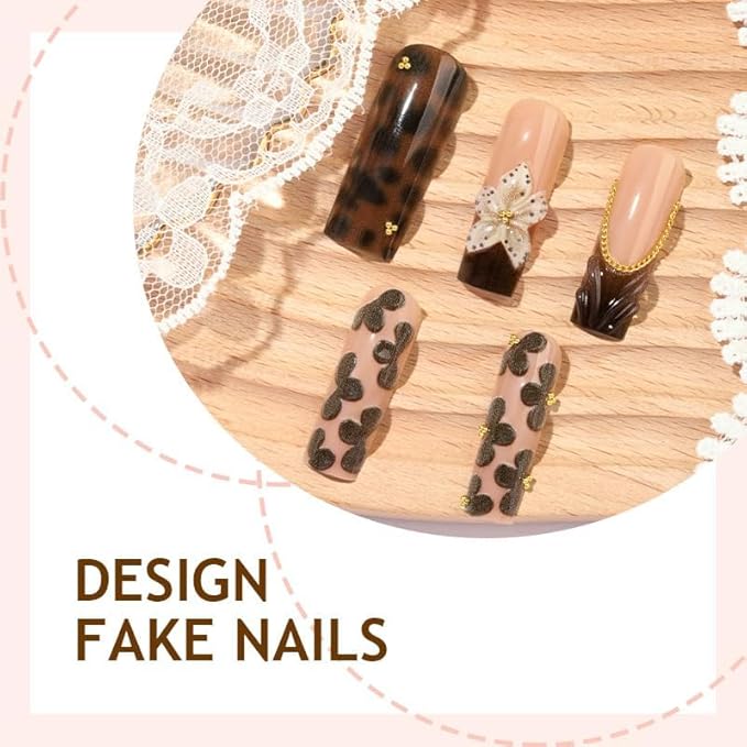 Square Press on Nails Long Brown Fake Nail Embossed Acrylic Nail Press ons With 3D Flower DesignStick on Nails for Women 24pcs