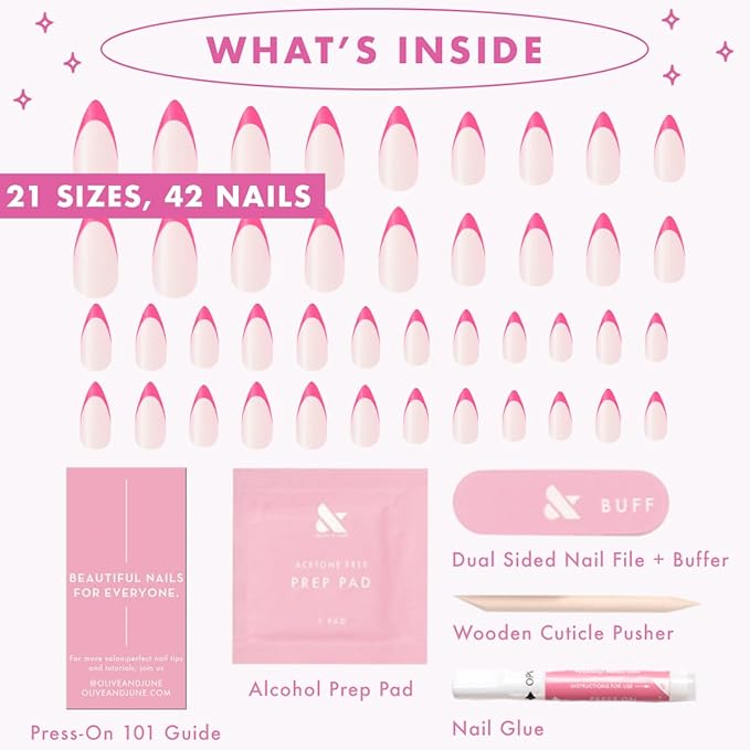 Olive & June Maximalist Instant Mani Press-On Nails (Glue) | 42 Fake Nails, 21 Sizes | Non-Toxic, Long-Lasting Big, Bold Gorgeous Realistic Look | Salon-Quality | Medium, Stiletto | Neon Pink French