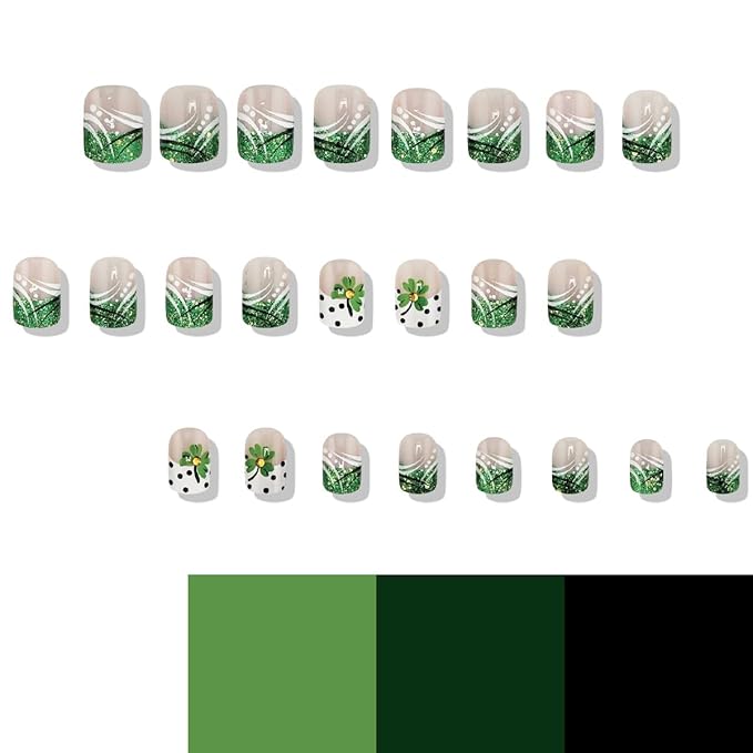 24Pcs St. Patrick's Day French Tip Press on Nails Short Square Fake Nails Green Shamrock Glitter Nail Tips Glue on Nails Irish Clover Nails Design Acrylic False Nails for Women Manicure Accessories