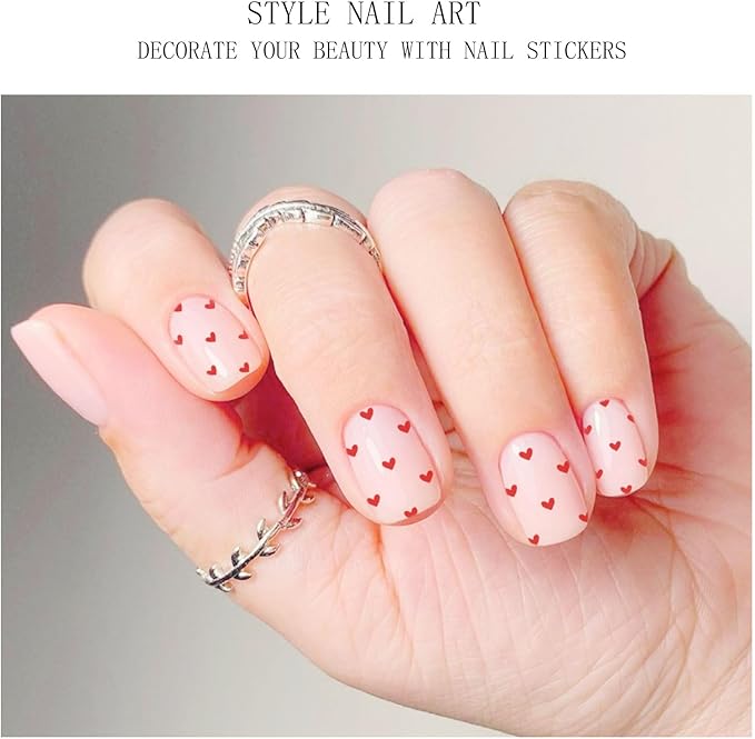 JMEOWIO Gel Nail Stickers Valentines Day Red Heart Semi Cured Gel Nail Strips Wraps UV/LED Nails Art Design Decoration Accessories