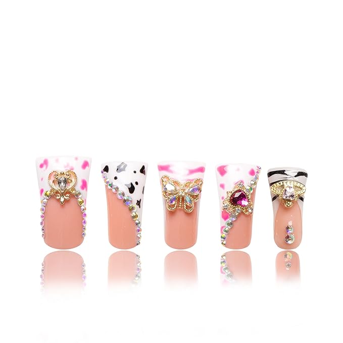 LOVFUL Press on Duck Nails Salon Quality Rolling Luxe Curve | Handmade Acrylic with Full Covered Crystals | Reusable Fake Nails | Duck Classic Regular 1.3 in | H144-S