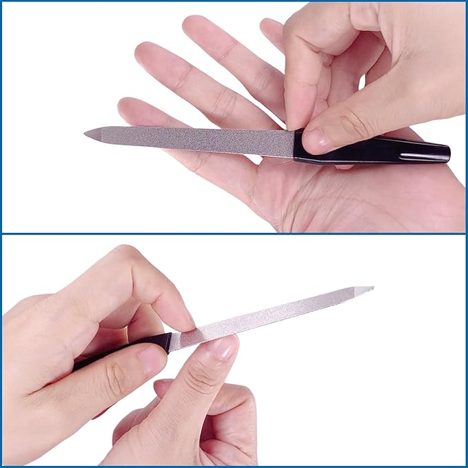 Metal Nail Files Made of Stainless Steel with Sharp Pointed Tip Non Slip Handle, Double Sided Sapphire Grit for Natural Nails Fingernails Toenail limas de uñas metálicas Color Black (6 Pcs)