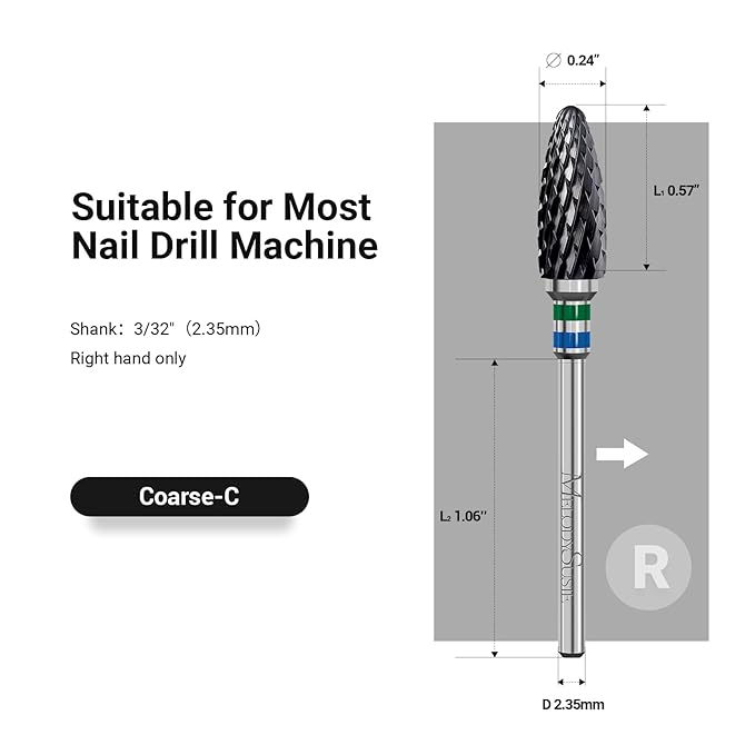 MelodySusie Ceramic Nail Drill Bit, 3/32'' (2.35mm) Professional Acrylic Nail File Flame Drill Bit for Manicure Pedicure Cuticle Gel Nail Polishing, Beginners Bits, Black, Series Bit-S, Coarse