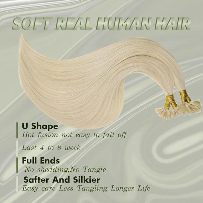 RUNATURE U Tip Hair Extensions Human Hair Platinum Blonde U Tip Hair Extensions 14 Inch Invisible U Tip Keratin Hair Extensions Human Hair Blonde Pre Bonded U Tip Extensions Real Human Hair 50g 50s