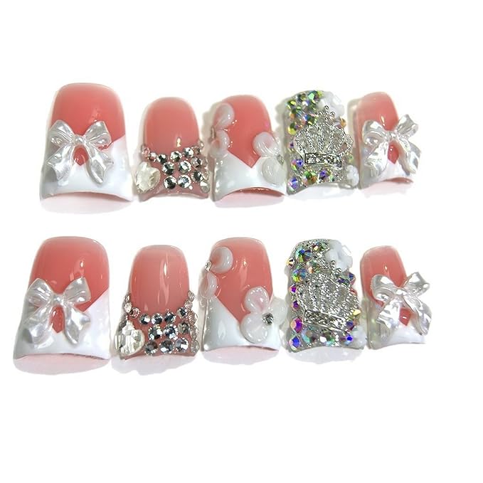 Handmade Press on Nails Rhinestones and Bow Press on Nails Short Duck Shaped Fake Nail White French Acrylic Nails Full Cover Reusable Flower False Nail for Women Girls Nail Accessories (Size S)