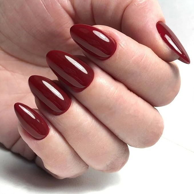 GLAMERMAID Dark Red Press On Nails Short Almond, Valentines Blood Deep Red Handmade Soft Jelly Gel Fake Nails Burgundy, Round Oval Stick Glue on Nails Kit for Women Girl Gift, Reusable False Nail Set