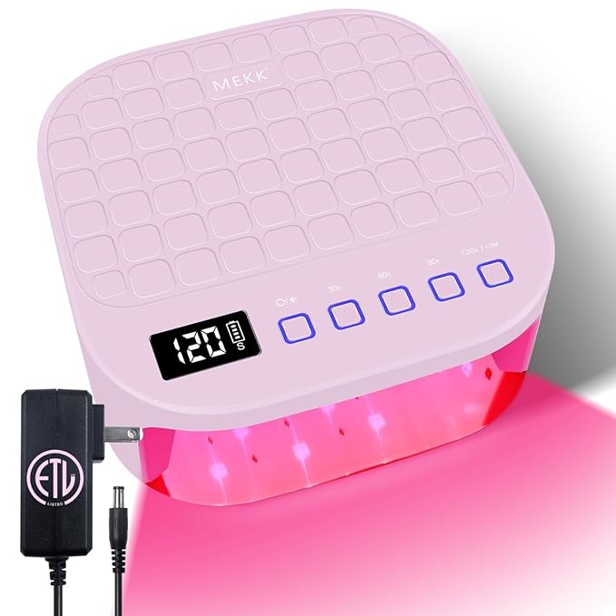 MEKK Cordless UV LED Nail Lamp,54W UV Light for Gel Nails with Hand-Friendly Red Light,Auto Sensor Professional Flash Cure Lamp with Rotatable LCD Display for Salon and Home,Checkered Design-Pink