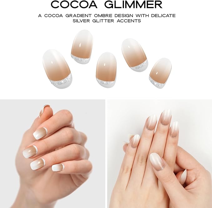 Semi Cured Gel Nail Strips with 20 Pieces - UV Gel Stickers, Manicure Kit, Easy Application Wraps Includes Prep Pads, Nail File, Wooden Stick - UV Light Required (Cocoa Glimmer)