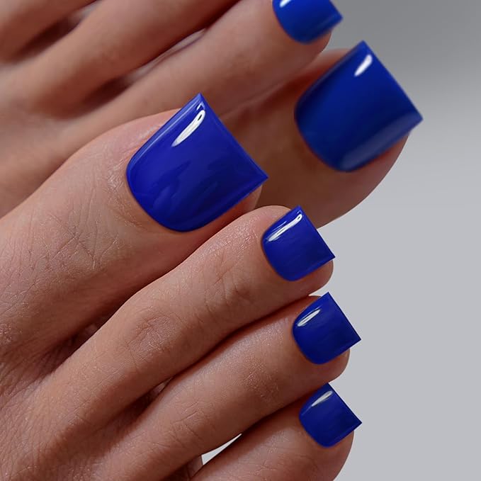 BTArtbox Press On Toenails - Sharp Square Opaque Blue Toe Nail Press Ons with Glue for Women, Fake Toe Nail Tips in 15 Sizes - 30 Toenails Kit, Naval Forces