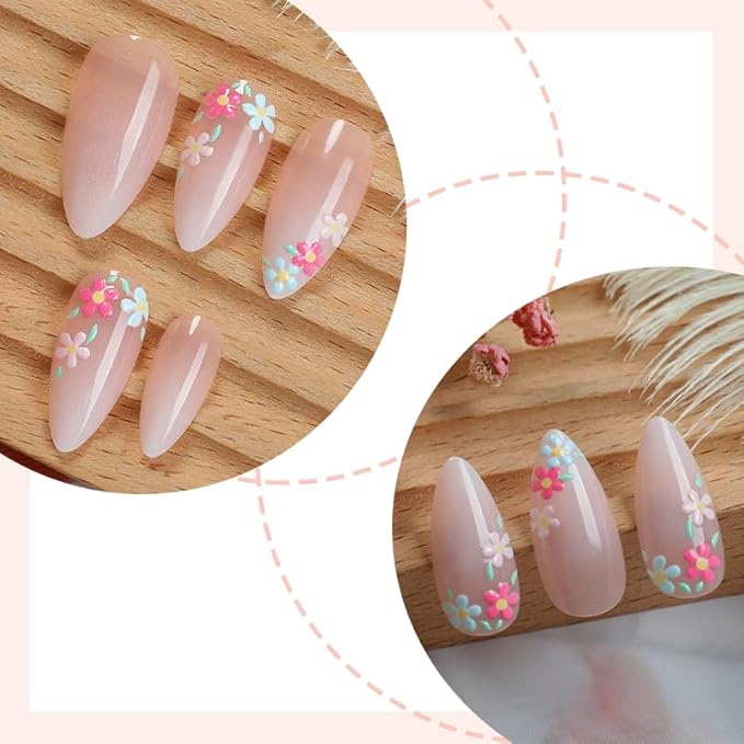 Press on Nails Almond Painted Flowers French Fake French Fake Nails Reusable Nail Kit with Glue Adhesive Tabs Mini Nail File for Women Manicure Nail Art Decoration 24PCS
