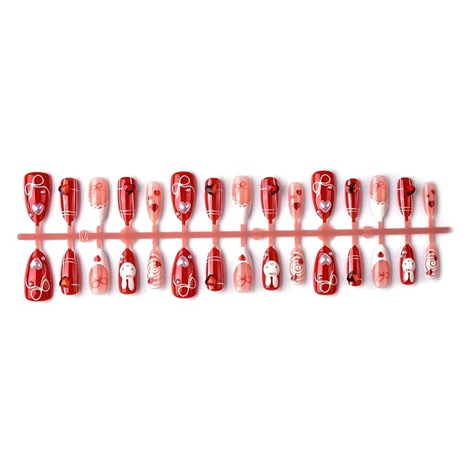 30Pcs Valentines Press on Nails Medium Almond Fake Nails 3D Heart False Nails Bow Nails Press Ons with Pearl Design Glossy Glue on Nail Heart Stick on Nail for Women Decoration Set