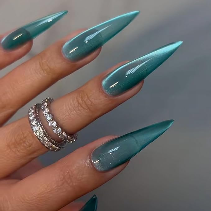 MISUD Press on Nails - Long Stiletto Fake Nails, Acrylic Summer Blue Green Cat Eye Design 24 pcs