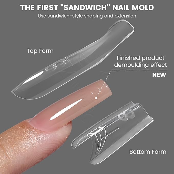 YOKEFELLOW Original Sandwich Nails Dual Forms - 240Pcs Nail Mold for Quick Nails Extension, No Paper Forms Needed, 15 Sizes Plastic Form, Salon Nail Art Tools(W559-Square)