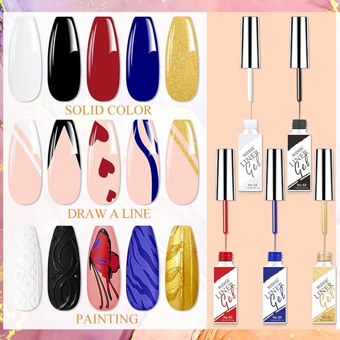 MIZHSE Gel Liner Set for Nail Art, Classic 7 Colors Painting Gel Polish, Drawing Gel Nail Liner Soak Off U V LED Nail Art Manicure Home DIY