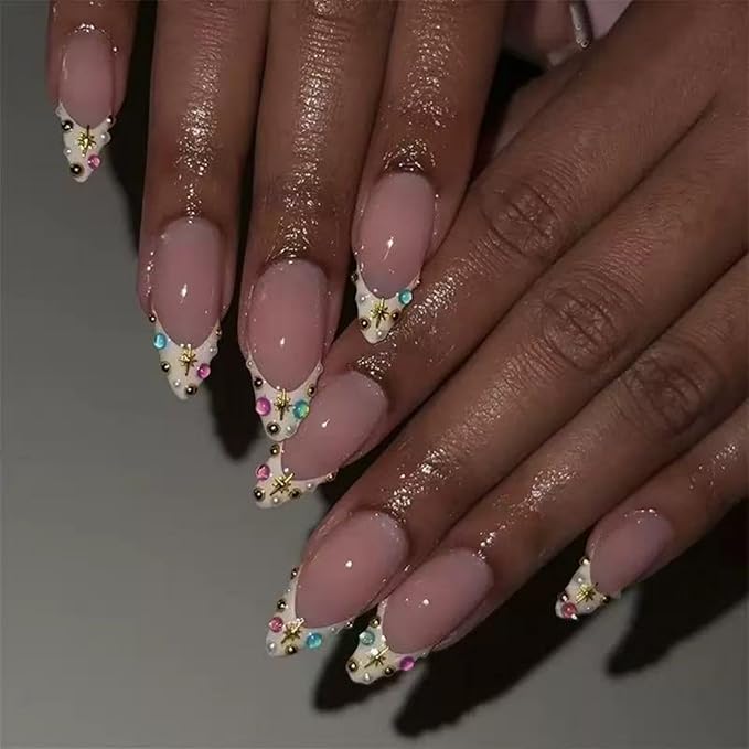 Press on Nails - Medium Almond Glue on Nails - Colorful Rhinestone Design Gold Star False Nails French Tip Stick on Nail Glossy Summer Fake Nail for Women Manicure 24Pcs