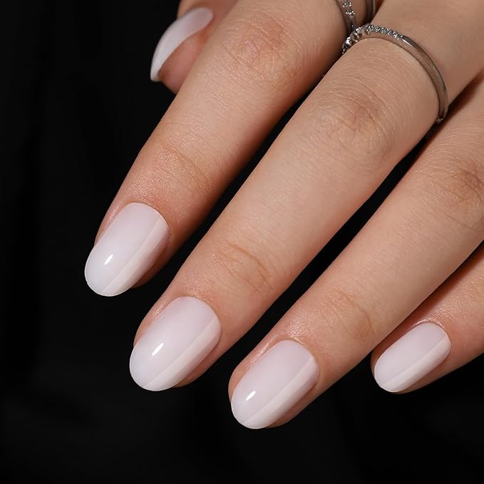 White Press on Nails Short Almond Fake Nails Salon Quality with Nails Glue False Nails Solid Color Designs Glossy Acrylic Nails Full Cover Thickened Stick on Nails for Nail Art DIY 16 Sizes