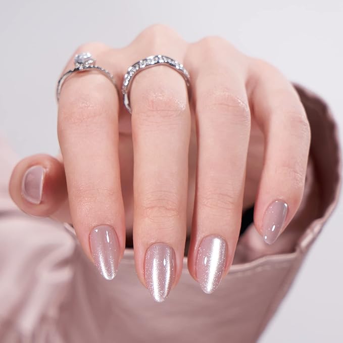 BTArtbox Press On Nails Almond - Short Soft Gel Fake Nails with Nail Glue, Opaque Reusable Stick On Nails in 16 Sizes - 32 Nail Kit, Falling Star Cat Eye