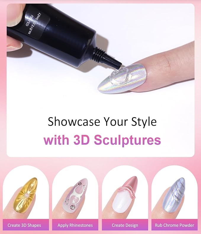 3D Nail Gel BISHENGYF - Pink White Chrome Nail Powder 15g Clear 3D Sculpting Gel Non-Sticky Hand Hard Gel with Laser Silver Chrome Powder for Nail Art Home DIY
