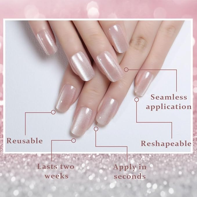 Cat Eye Light Nude Press On Nails Medium Long Length Square, Designer Reusable Acrylic Fake Nail with Glue, Glossy Gel Nails Wedding Party, Stick On Glue On Nail, Nails Press Ons for Women