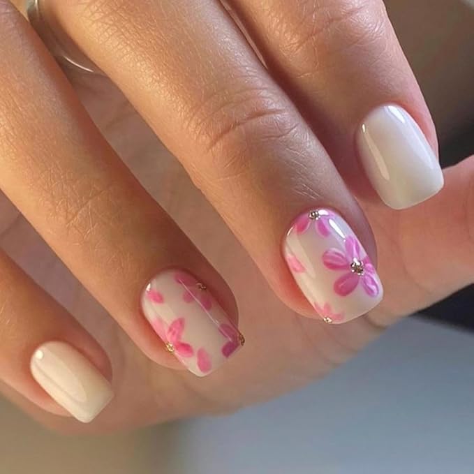 Ivory White Press on Fake Nails Short Square with Peach Flower Design, Glossy Press on Nails for Wide Nail Beds Reusable Manicure for Women Girls, Perfect Fit Stick on Soft Nail Press ons 24Pcs