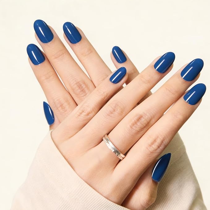 Dark Blue Press on Nails Almond Medium, Navy Blue Nails Press On with Nail Glue, Natural Soft Gel Nail Kit, Natural Reusable Glue On Nails in 15 Sizes 30 Fake Nails Kit