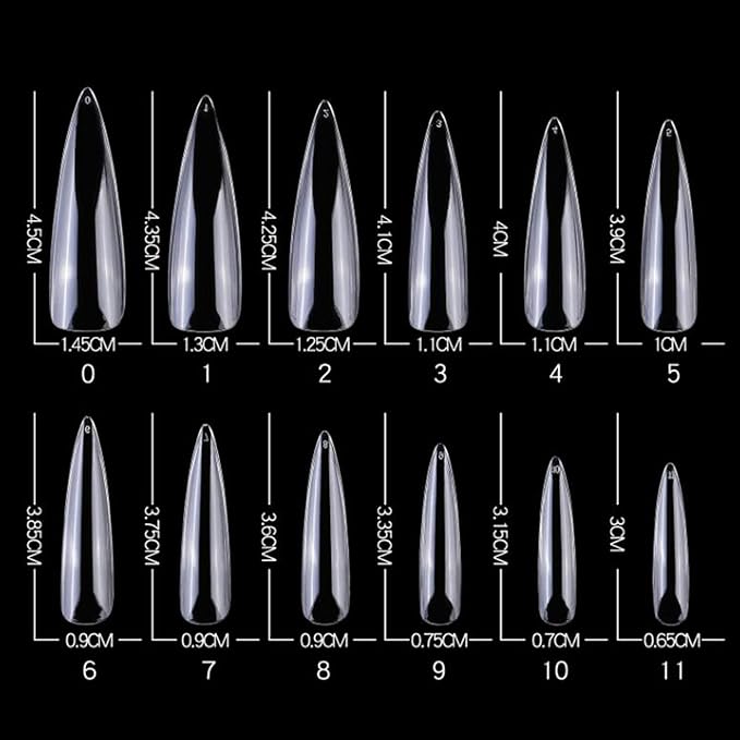 LoveOurHome 240pc Long Stiletto Nail Tips XL Clear Acrylic False Nails Pointy Stiletto Artificial Fake Nail Art Tips Full Cover 12 Size Manicure DIY Fingernails Design Nail Decor for Women Girls
