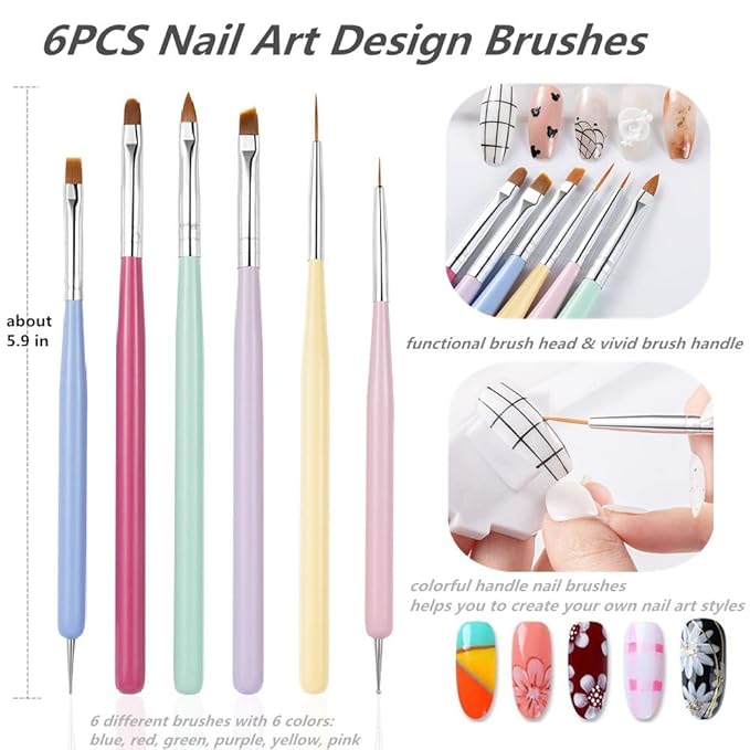6 PCS Nail Art Brushes Set, Nail Painting Brushes Nail Art Liner Brushes and Nail Art Dotting Pens, H - 6PCS