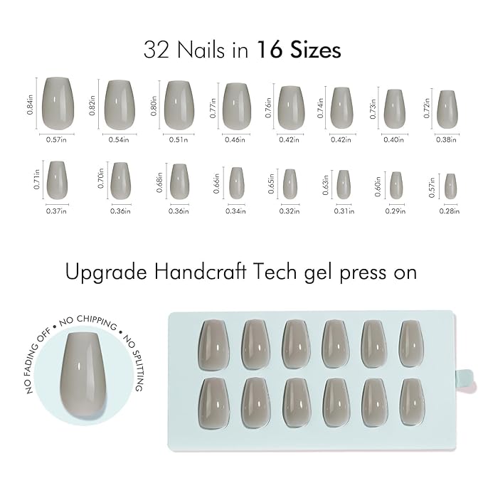 VSALON Coffin Short Press On Nails, Smokey Grey Light Curable Sheer Jelly Finish False Nails, Reusable Gel Glue on Nails Kit with Glue - 32 pcs in 16 Sizes