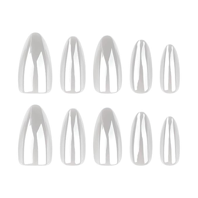 Medium Press on Nails Almond - Chrome White Fake Nails - Solid Color Full Cover Stick on False Nail - for Women 24 Pcs