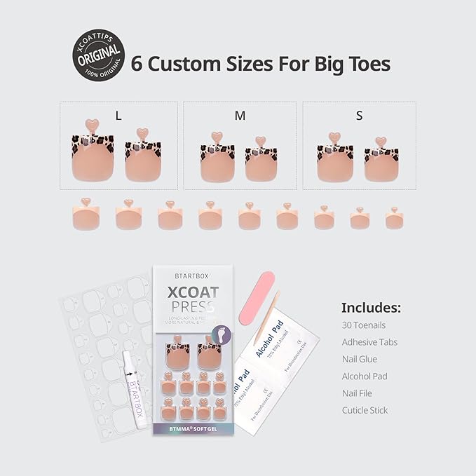 BTArtbox Press On Toenails - Lamp-Curable Sharp Square French Tip Toe Nail Press Ons with Glue for Women, Semi-Transparent Fake Toe Nail Tips in 15 Sizes - 30 Toenails Kit, Leopard