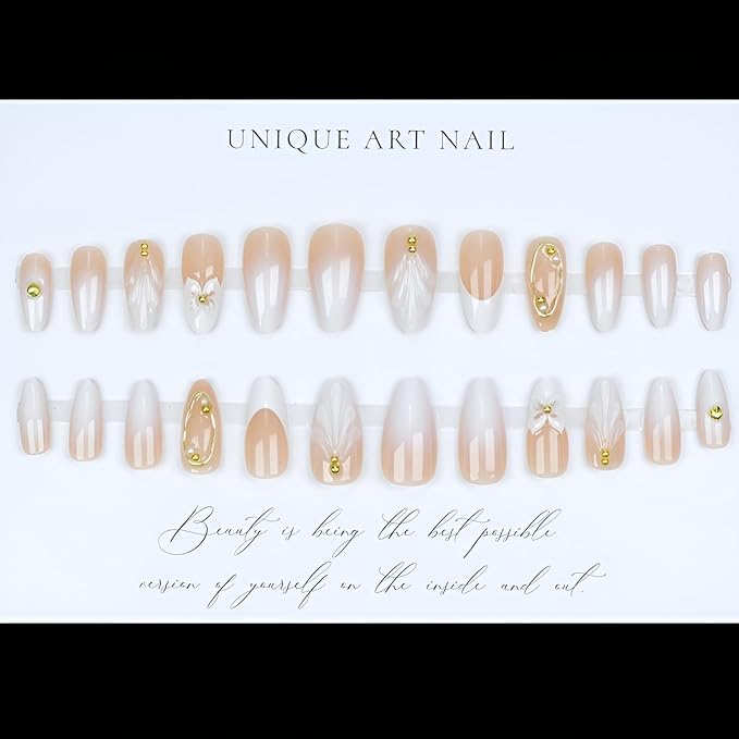 Flower Press on Nails Medium Almond Fake Nails White Nails Press Ons French Tip False Nails with Pearl Design Glossy Glue on Nails Gradient Stick On Nails for Women Decorations Set 24Pcs