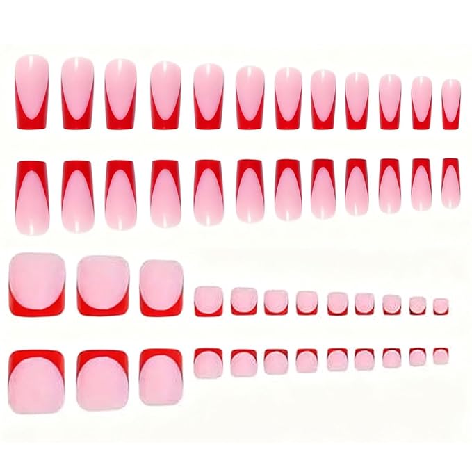 60Pcs Red French Tip Press on Nails & Press on Toenails Set, Square Press on Nails Medium Fake Nails Red French Press on Toenails Full Cover Stick on Press ons for Women