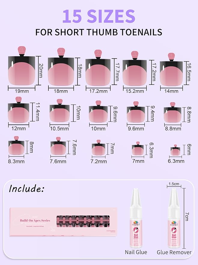 Toe Press On Nails French Tip, Toe Nail Tips EBANKU 150 Pcs Square Press On Toenails Pink Black Fake Toe Nail with Nail Glue for Women Nails DIY Salon Home 15 Sizes