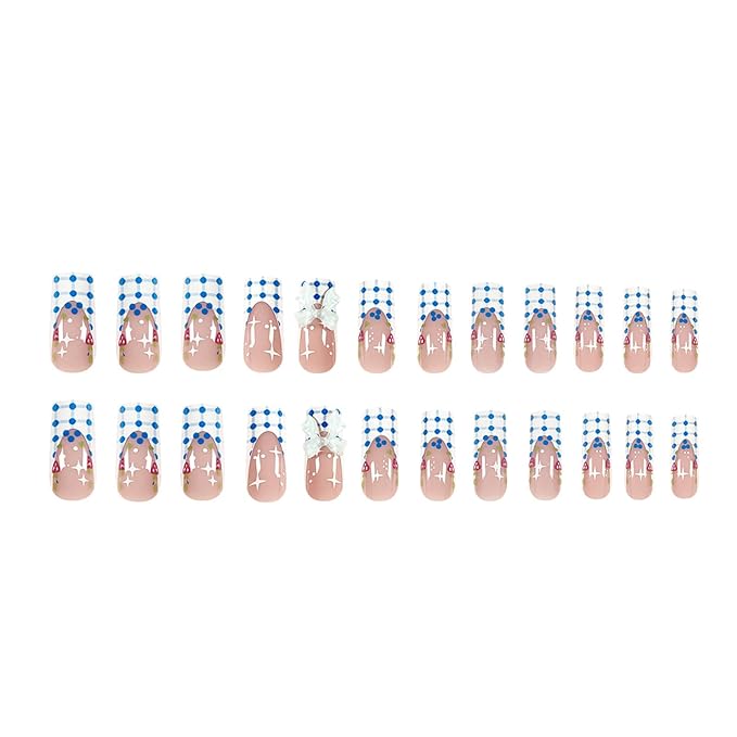 Square Press on Nails Medium Fake Nails with Designs Bow Stick on Nail Strawberry Acrylic False Nail French Glossy Artificial Nail Full Cover Glue on Nails for Women