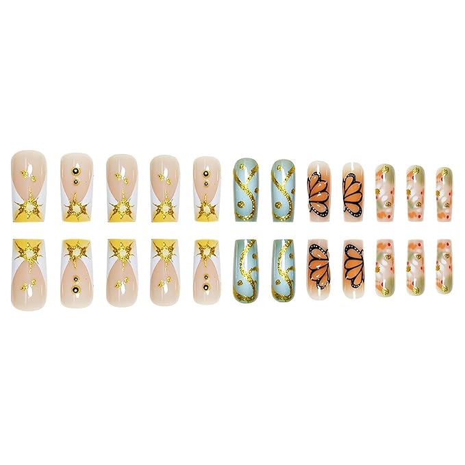 Buttterfly Press on Nails Long Square Fake Nails French Tip Press on False Nails with 3D Butterfly and Ombre Design Acrylic Long Nails Press ons Stick on Nail for Women 24pcs