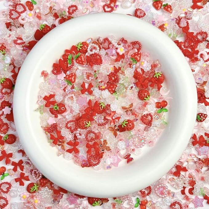 120 Pieces 3D Resin Strawberries, Butterfly Flower Nail Charms, Rose Flower Peach Bow Cherry Rhinestones, Heart Pearls for DIY Nail Art Decoration Making Craft (Red)