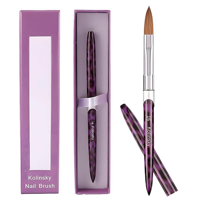 Acrylic Nail Brush Size 16, 100% Kolinsky 3D Art Nail Brush with Purple Leopard Print Metal Handles, Art Design Powder Nail Brush Pen for Nails Extension & Carving, Acrylic Application Tools