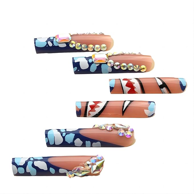Extra Long Press on Nails Square Fake Nails Blue French Tip Acrylic Nails with Gorgeous Patterns Designs False Nails Rhinestone Glue on Nail for Women 24Pcs
