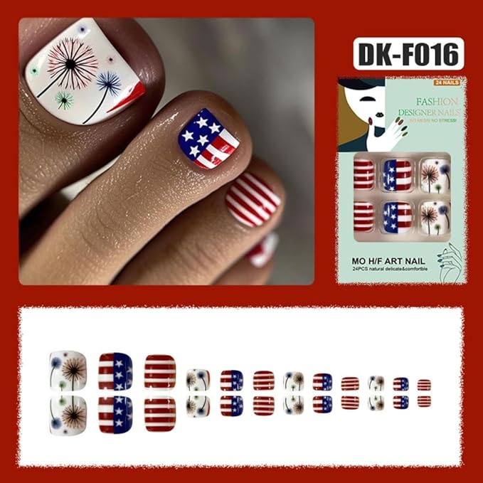 4th of July Press on Toenails Short Square Fake Toenails with Dandelion Design Red Blue USA Flag Toenails Striped False Toenail Glossy Summer Independence Day Toenail for Women Manicure 24Pcs