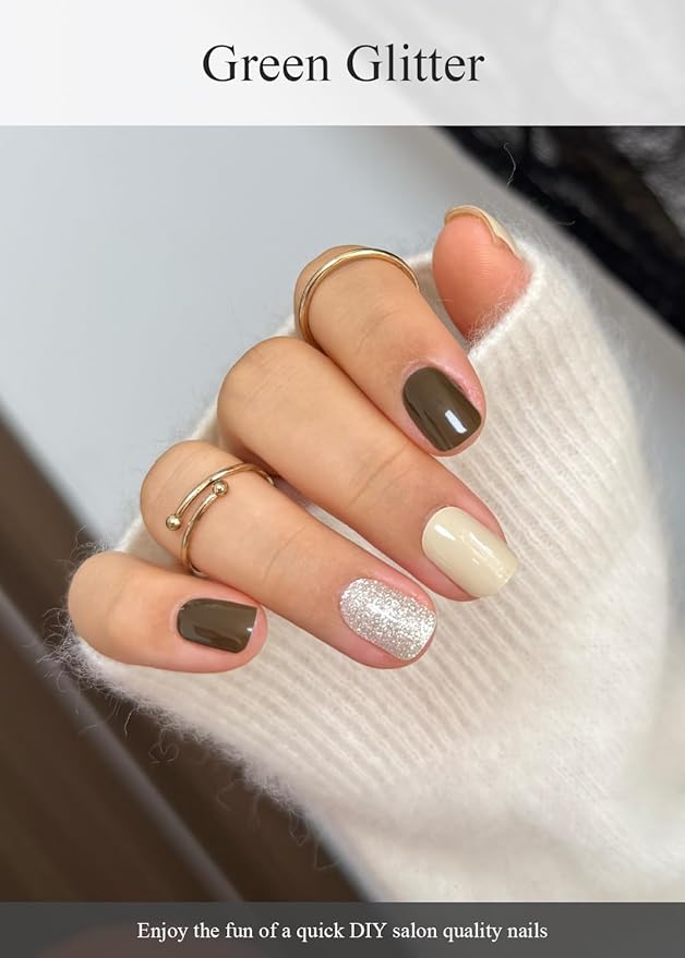 Semi Cured Gel Nail Strips (Green Glitter), 20 Pcs Gel Nail Wraps, Stickers, Salon Quality, Long Lasting, Works With Any UV Lamps