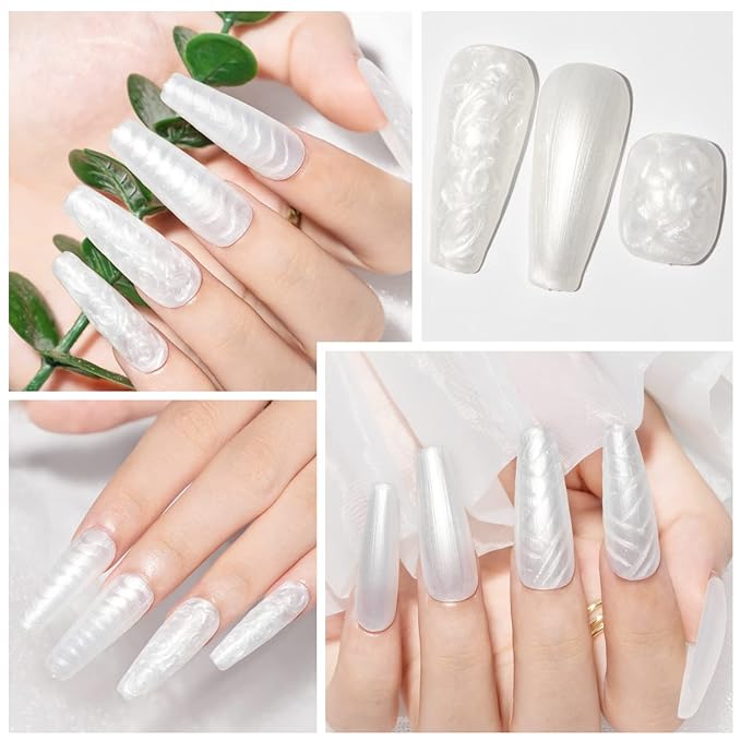 MIZHSE Pearl White Gel Nail Polish, Shimmer Mermaid Gel Polish Glitter Gels Polish Swirl Shell Thread Effect Soak Off U V Salon Home DIY Manicure Use10ml