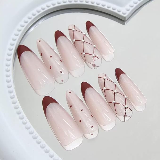 Press On Nails,Long Almond Red Glitter French Fake Nails for Women,30pcs with Jelly Glue,Reusable, Perfect for Holiday Parties or Gifts