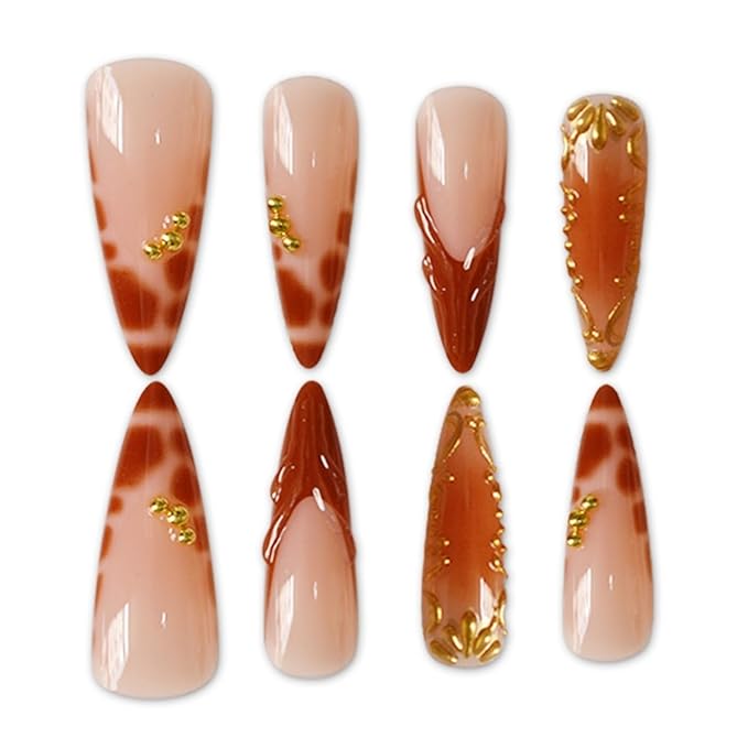 Long Press on Nails Almond Fake Nails Brown Artificial Nail with Gold Charm Designs Cute Leopard Stick on Nail for Women 24pcs