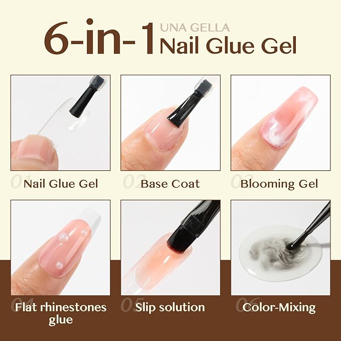 UNA GELLA 6 in 1 Gel Nail Glue for Clear Acrylic Nails Tips, 2Pcs 15ml Super Strong Brush UV Nail Glue Long Lasting Lamp Curing Required for Fake Nails Tips